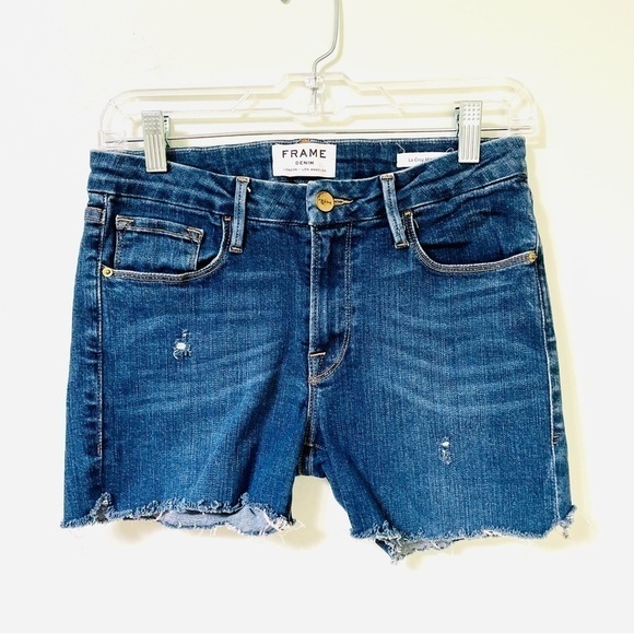 Frame Le Crop Mini Boot Denim Shorts 27 Majesty Blue Distressed Stretch Frayed - Picture 1 of 5